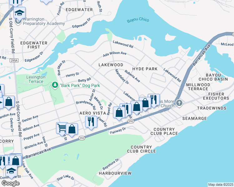 map of restaurants, bars, coffee shops, grocery stores, and more near 128 Rue Max Street in Pensacola