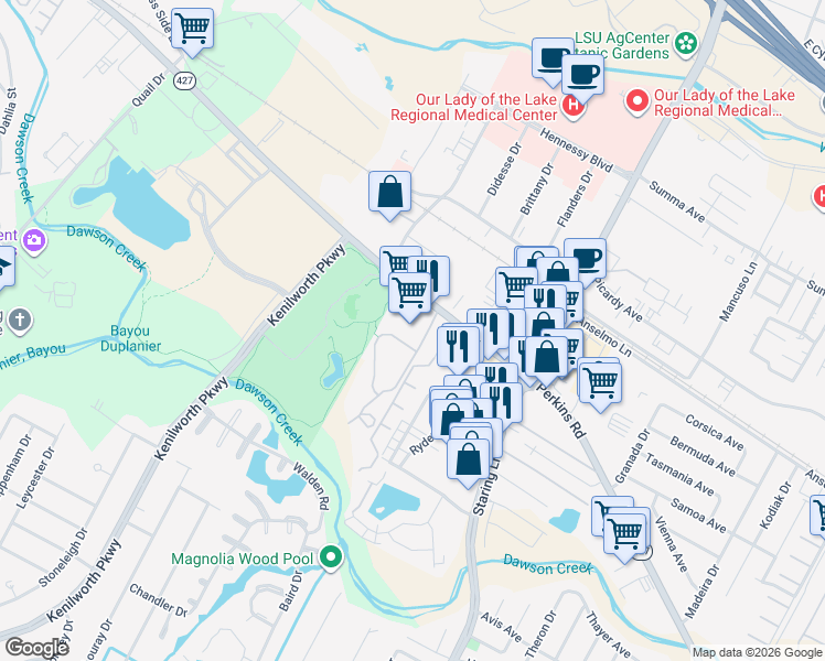 map of restaurants, bars, coffee shops, grocery stores, and more near 7248 Perkins Road in Baton Rouge