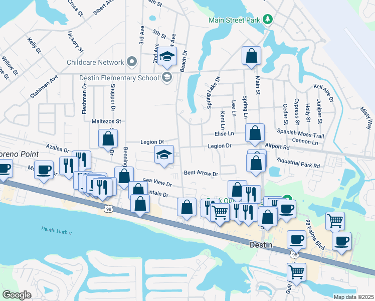 map of restaurants, bars, coffee shops, grocery stores, and more near 704 Legion Drive in Destin