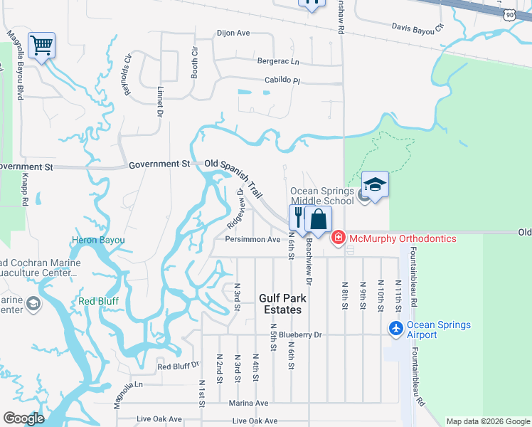 map of restaurants, bars, coffee shops, grocery stores, and more near 3716 Tangerine Street in Ocean Springs