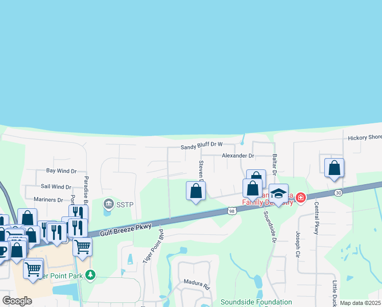 map of restaurants, bars, coffee shops, grocery stores, and more near 4087 Sandy Bluff Drive West in Gulf Breeze