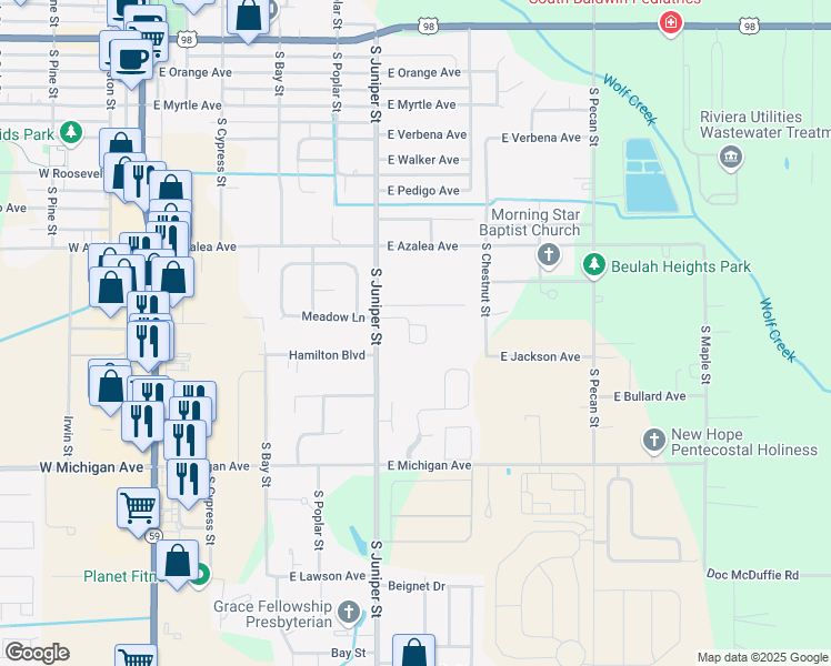 map of restaurants, bars, coffee shops, grocery stores, and more near 100 Glendale Circle in Foley