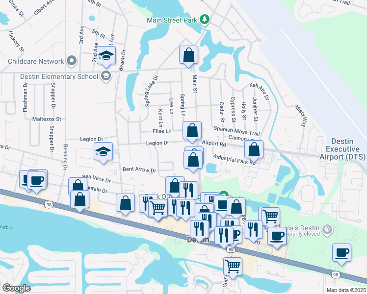 map of restaurants, bars, coffee shops, grocery stores, and more near 192 Bent Arrow Drive in Destin