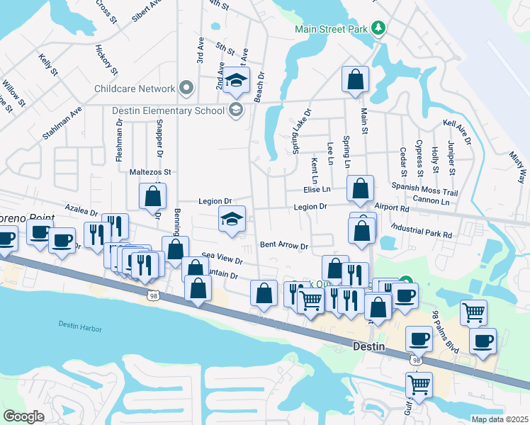 map of restaurants, bars, coffee shops, grocery stores, and more near 215 Ann Circle in Destin