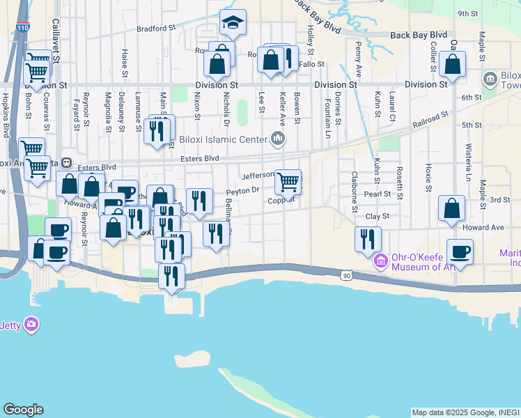 map of restaurants, bars, coffee shops, grocery stores, and more near 140-148 Lee Street in Biloxi