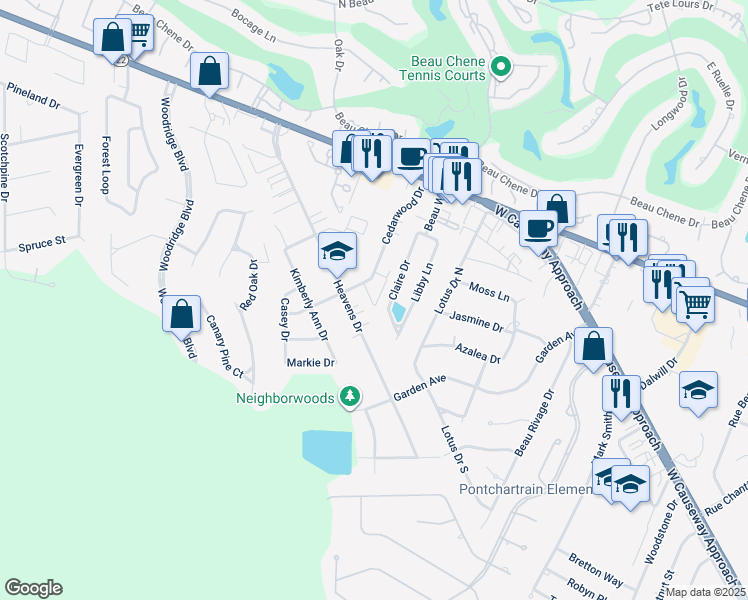 map of restaurants, bars, coffee shops, grocery stores, and more near 738 Claire Drive in Mandeville