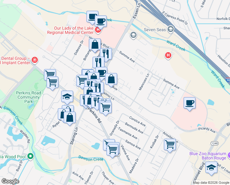 map of restaurants, bars, coffee shops, grocery stores, and more near 8026 Picardy Avenue in Baton Rouge