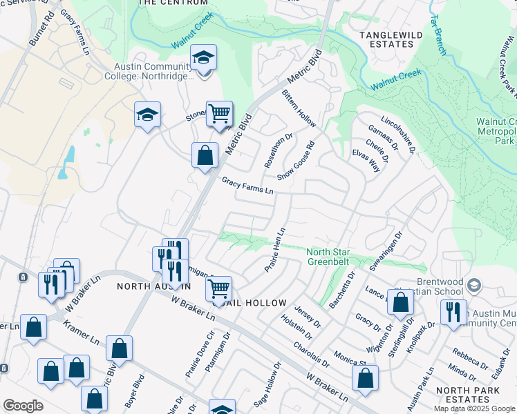 map of restaurants, bars, coffee shops, grocery stores, and more near 1800 Rainy Meadows Drive in Austin