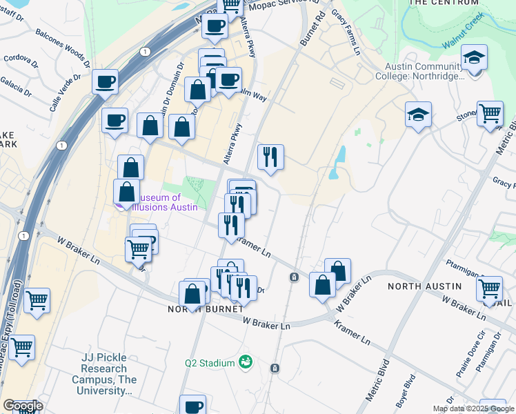 map of restaurants, bars, coffee shops, grocery stores, and more near 11101 Burnet Road in Austin