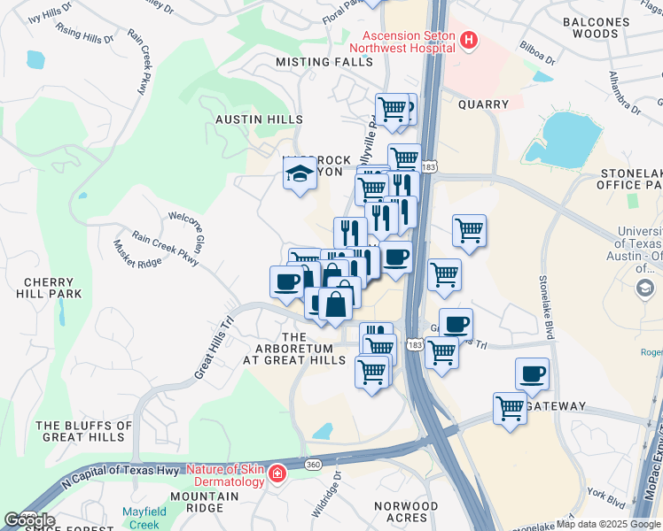 map of restaurants, bars, coffee shops, grocery stores, and more near 10114 Jollyville Road in Austin