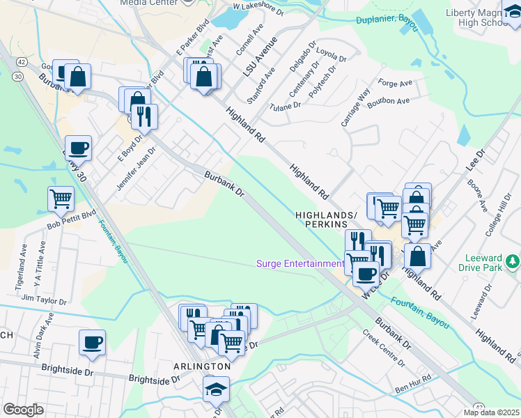 map of restaurants, bars, coffee shops, grocery stores, and more near 4669 Burbank Drive in Baton Rouge