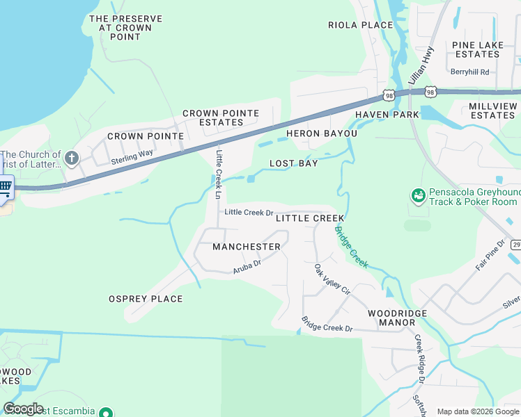 map of restaurants, bars, coffee shops, grocery stores, and more near 1442 Little Creek Drive in Pensacola