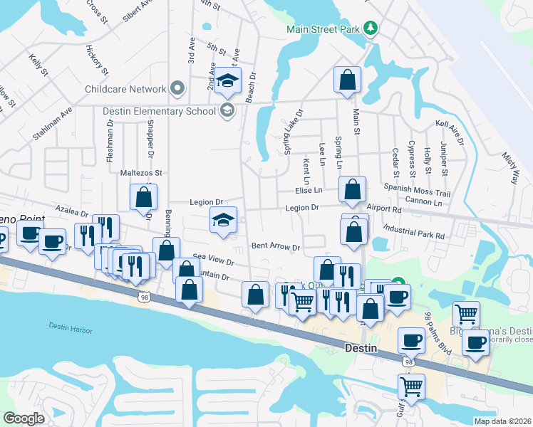 map of restaurants, bars, coffee shops, grocery stores, and more near 215 Ann Circle in Destin