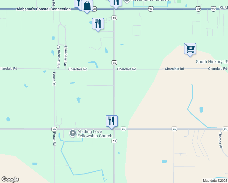 map of restaurants, bars, coffee shops, grocery stores, and more near County Road 65 in Foley