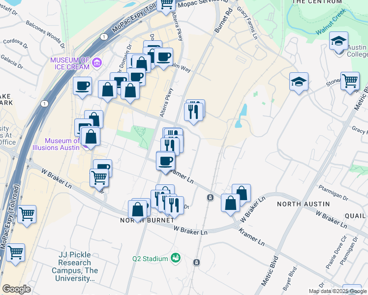 map of restaurants, bars, coffee shops, grocery stores, and more near 2601 Esperanza Crossing in Austin