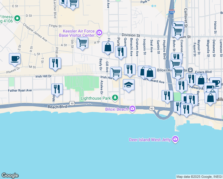 map of restaurants, bars, coffee shops, grocery stores, and more near 1082 Bolton Lane in Biloxi
