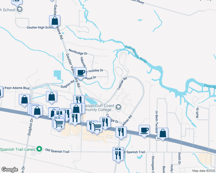 map of restaurants, bars, coffee shops, grocery stores, and more near 2401 Stine Road in Gautier
