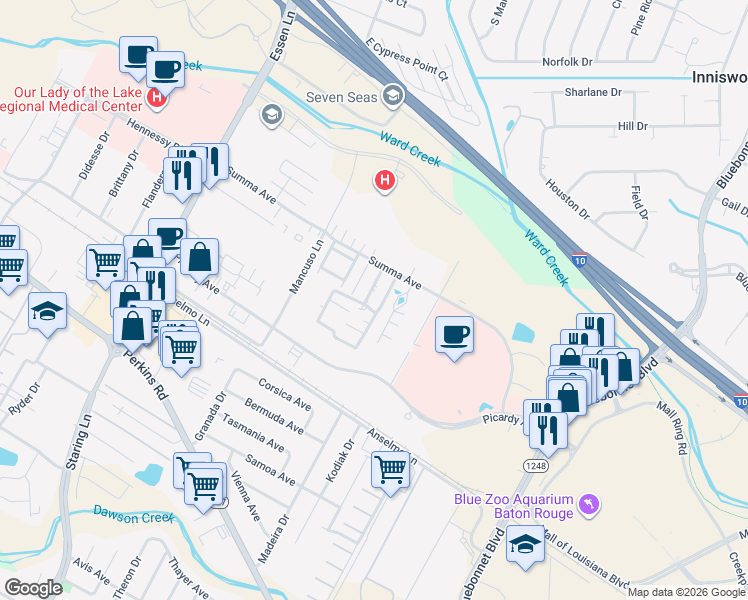map of restaurants, bars, coffee shops, grocery stores, and more near 5233 Butter Creek Lane in Baton Rouge