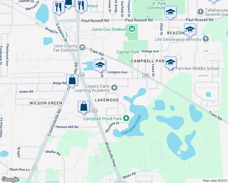 map of restaurants, bars, coffee shops, grocery stores, and more near 303 Robinwood Avenue in Tallahassee