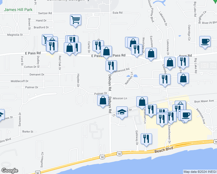map of restaurants, bars, coffee shops, grocery stores, and more near 251 Debuys Road in Gulfport