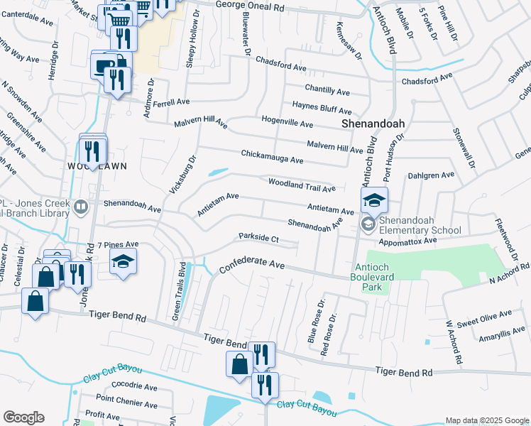 map of restaurants, bars, coffee shops, grocery stores, and more near 16013 Shenandoah Avenue in Baton Rouge