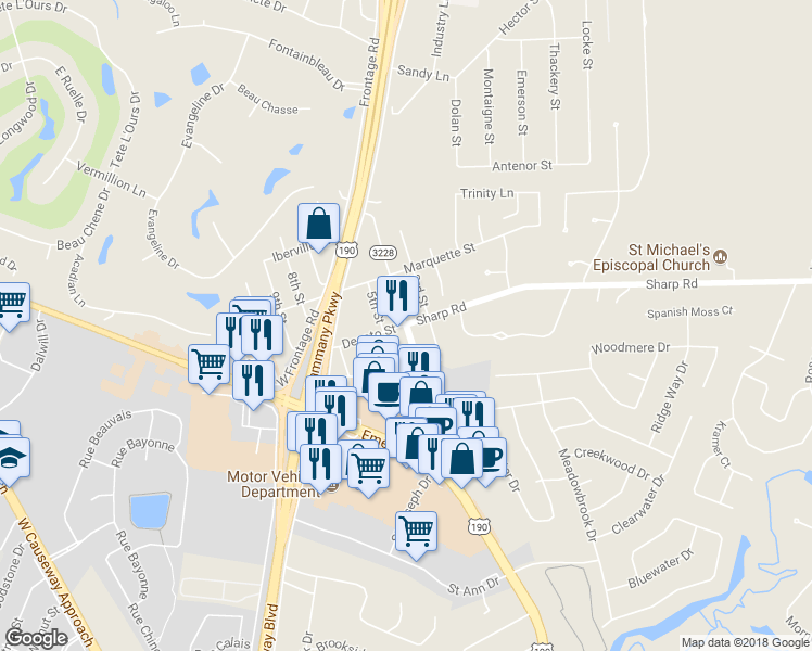 map of restaurants, bars, coffee shops, grocery stores, and more near 4198 Desoto Street in Mandeville