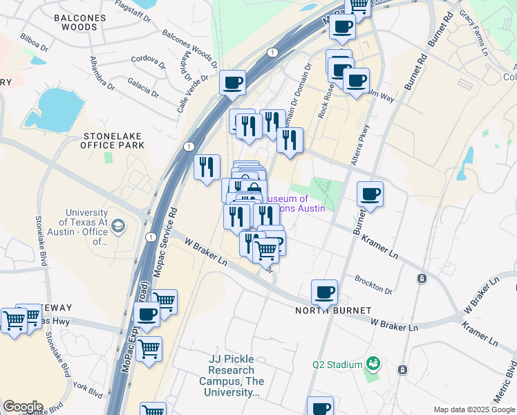 map of restaurants, bars, coffee shops, grocery stores, and more near 10910 Domain Drive in Austin