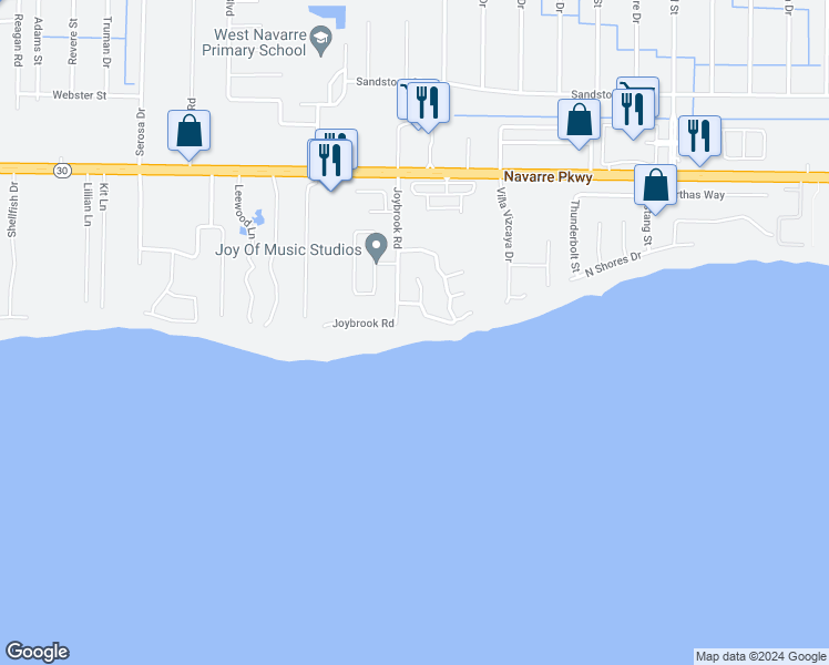 map of restaurants, bars, coffee shops, grocery stores, and more near 7358 Mulberry Lane in Navarre