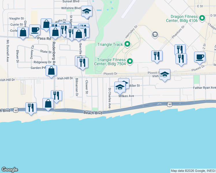 map of restaurants, bars, coffee shops, grocery stores, and more near 155 Saint Charles Avenue in Biloxi