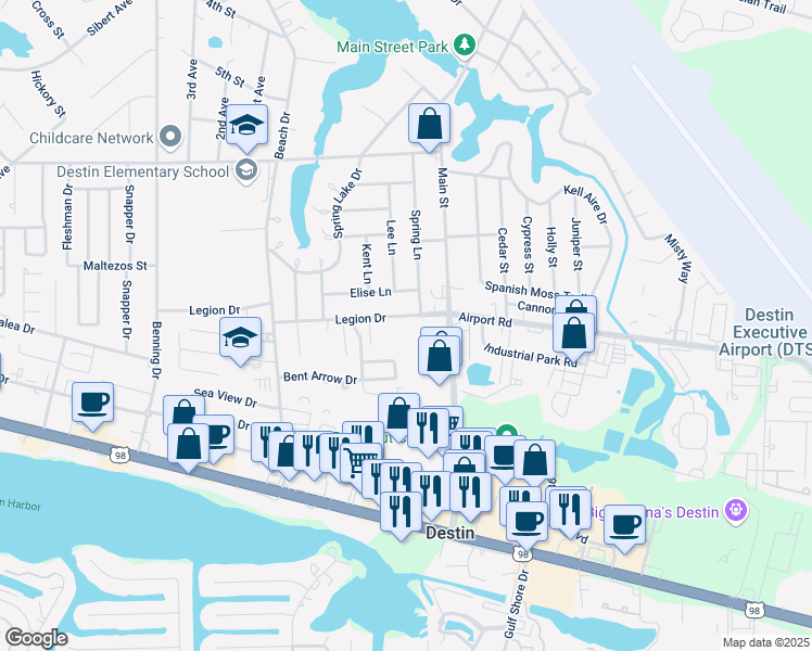 map of restaurants, bars, coffee shops, grocery stores, and more near 192 Bent Arrow Drive in Destin