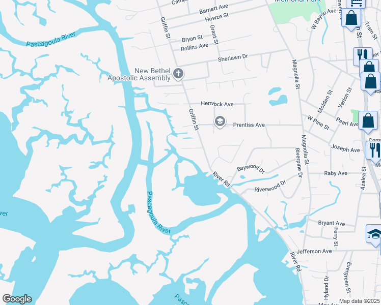 map of restaurants, bars, coffee shops, grocery stores, and more near 3855 River Road in Moss Point