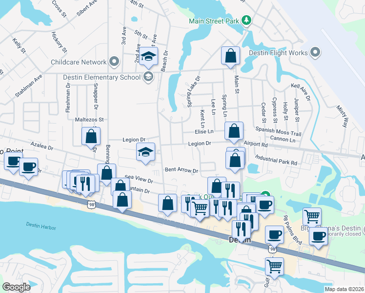 map of restaurants, bars, coffee shops, grocery stores, and more near 710 Legion Drive in Destin
