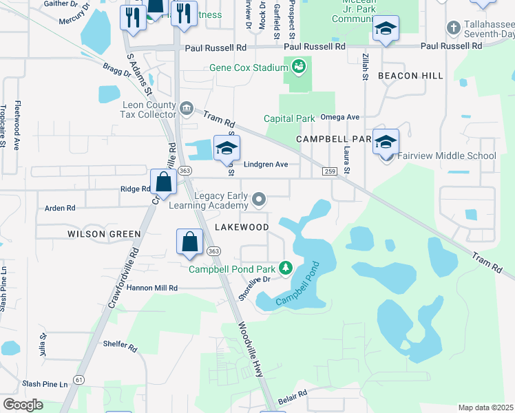 map of restaurants, bars, coffee shops, grocery stores, and more near 303 Robinwood Avenue in Tallahassee