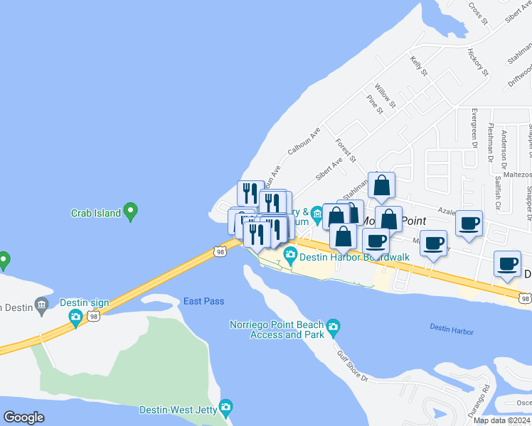 map of restaurants, bars, coffee shops, grocery stores, and more near 29 Harbor Boulevard in Destin