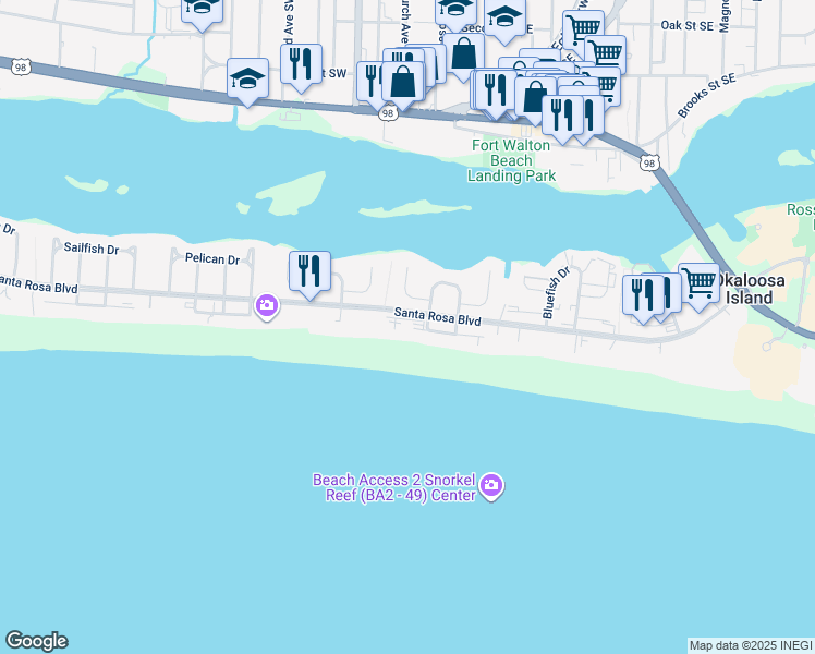 map of restaurants, bars, coffee shops, grocery stores, and more near 520 Santa Rosa Boulevard in Fort Walton Beach