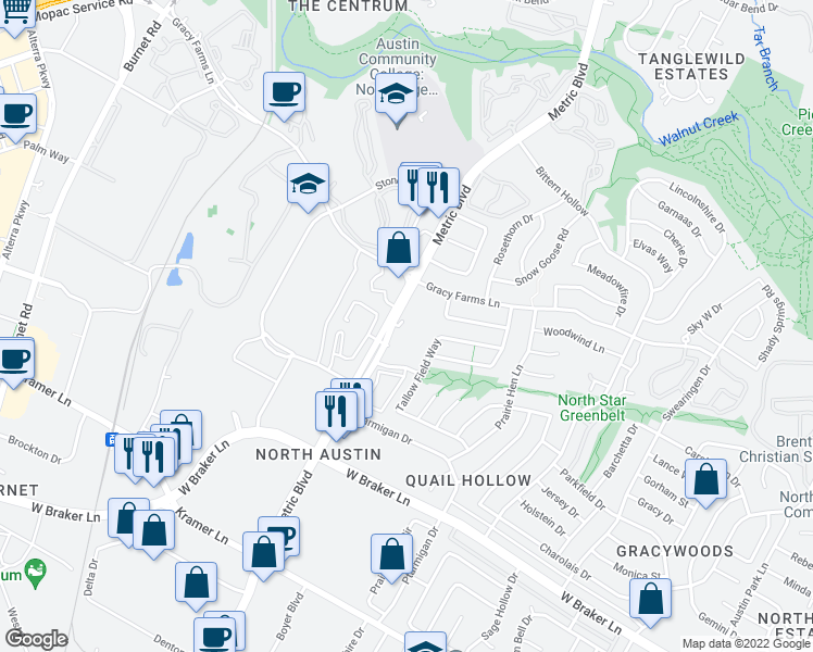 map of restaurants, bars, coffee shops, grocery stores, and more near 11712 Tallow Field Way in Austin