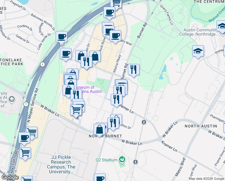map of restaurants, bars, coffee shops, grocery stores, and more near in Austin