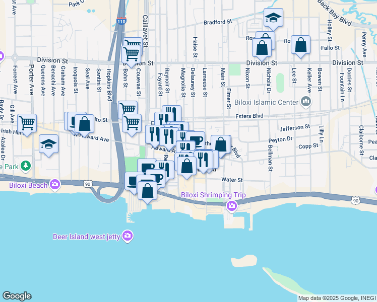 map of restaurants, bars, coffee shops, grocery stores, and more near 798 Jackson St in Biloxi