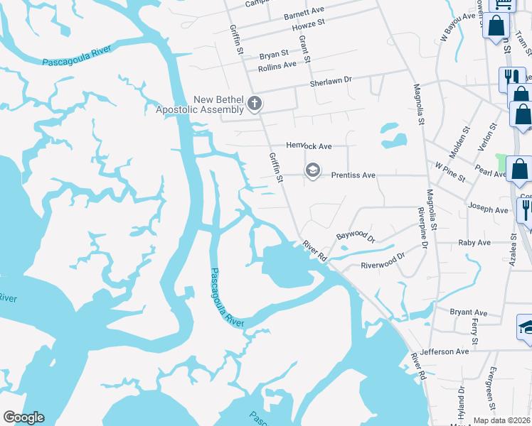 map of restaurants, bars, coffee shops, grocery stores, and more near 3855 River Road in Moss Point
