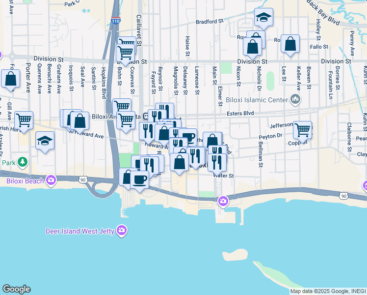 map of restaurants, bars, coffee shops, grocery stores, and more near 778-798 Jackson Street in Biloxi