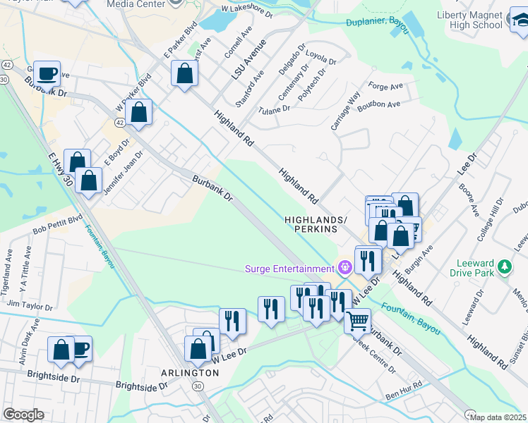 map of restaurants, bars, coffee shops, grocery stores, and more near 4669-5299 Burbank Drive in Baton Rouge