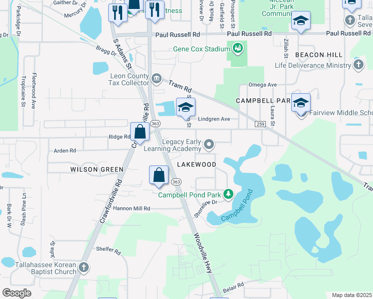 map of restaurants, bars, coffee shops, grocery stores, and more near 211 Sunday Court in Tallahassee