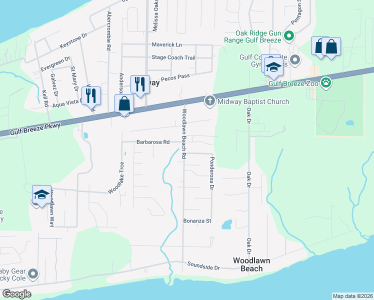 map of restaurants, bars, coffee shops, grocery stores, and more near 1653 Woodlawn Beach Road in Gulf Breeze