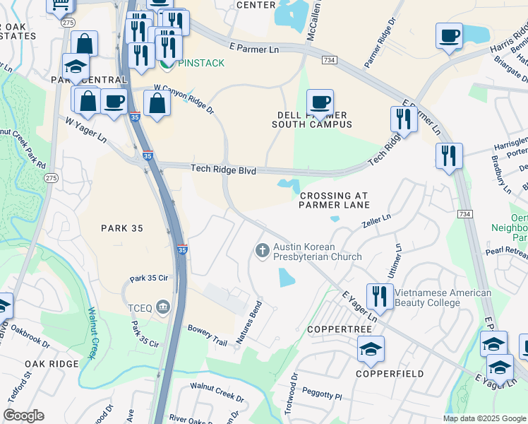 map of restaurants, bars, coffee shops, grocery stores, and more near 400 East Yager Lane in Austin