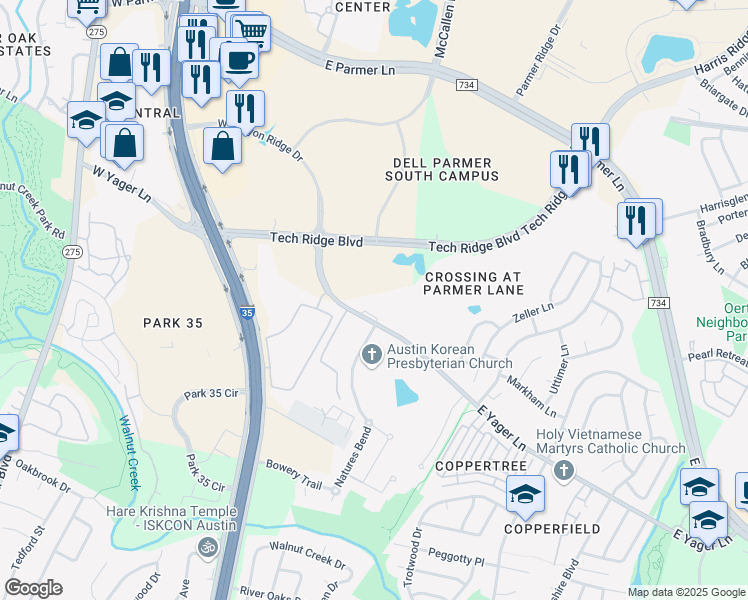 map of restaurants, bars, coffee shops, grocery stores, and more near 12427 Tech Ridge Boulevard in Austin