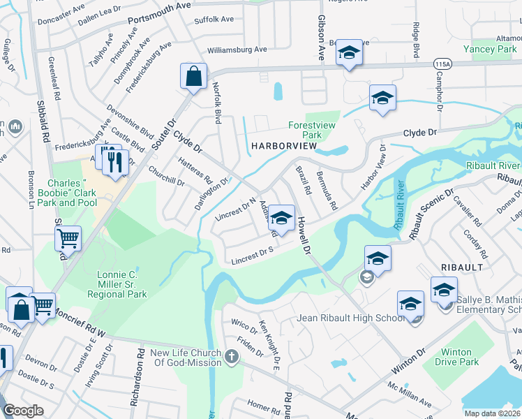 map of restaurants, bars, coffee shops, grocery stores, and more near 8534 Addison Road in Jacksonville