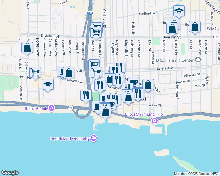 map of restaurants, bars, coffee shops, grocery stores, and more near in Biloxi