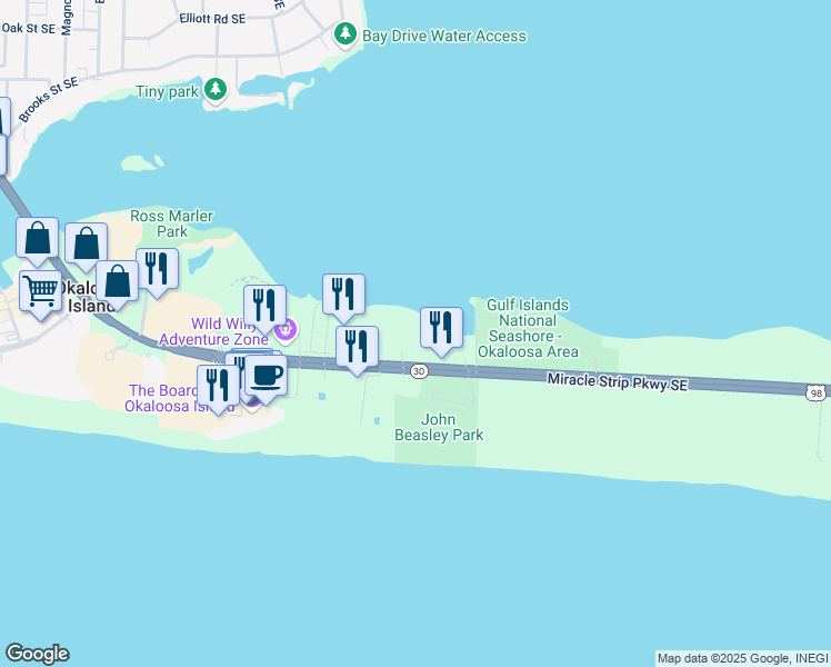 map of restaurants, bars, coffee shops, grocery stores, and more near 1335 Miracle Strip Parkway Southeast in Fort Walton Beach