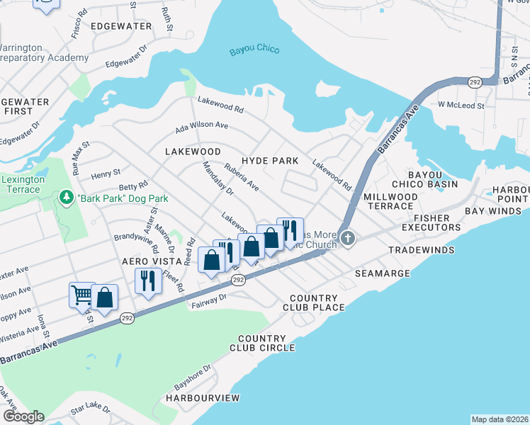 map of restaurants, bars, coffee shops, grocery stores, and more near 107 Ruberia Avenue in Pensacola