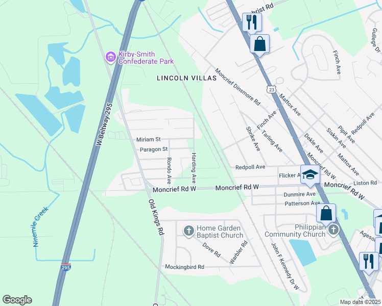 map of restaurants, bars, coffee shops, grocery stores, and more near 6416 Miriam Street in Jacksonville